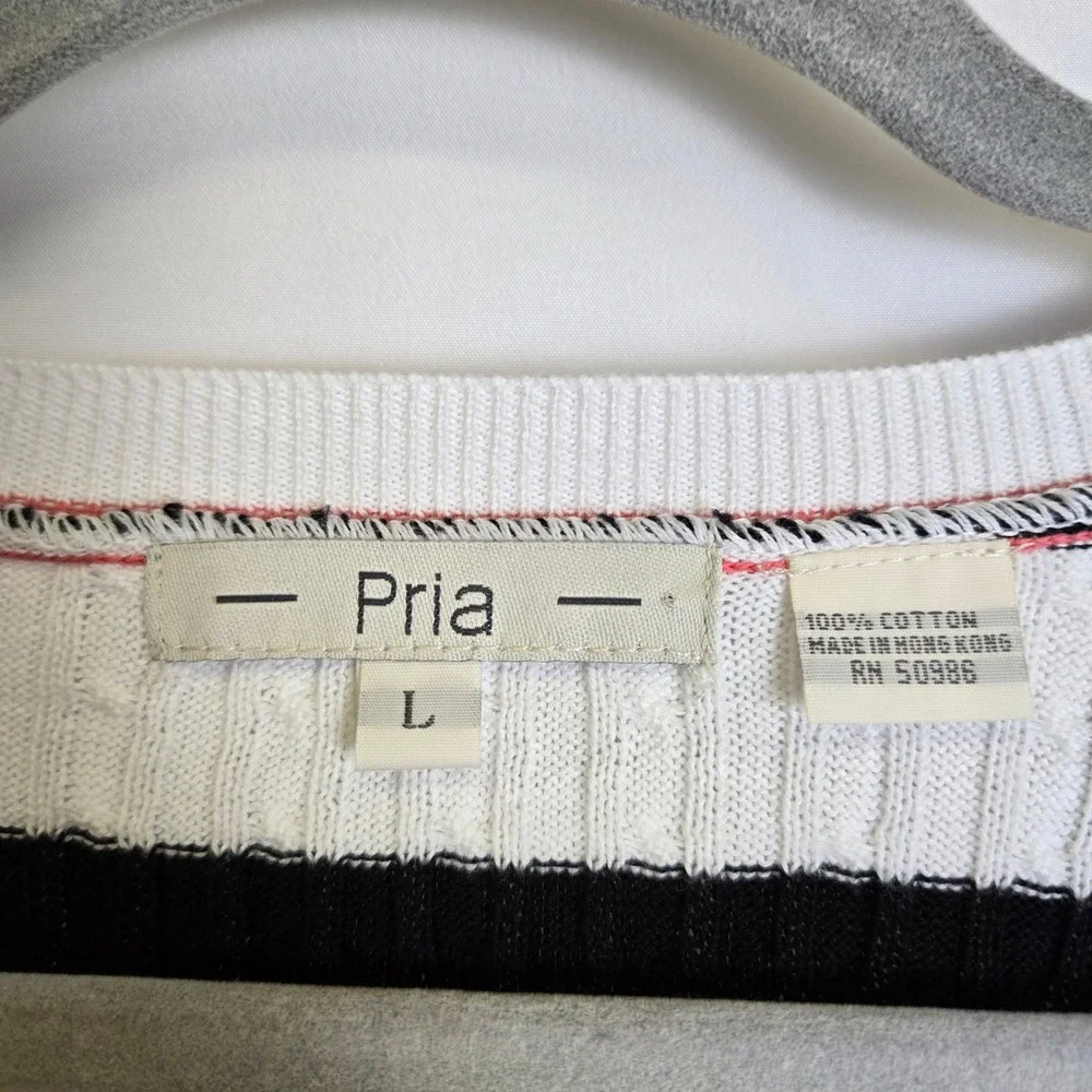 Pria‎ Striped Cable Knit Sweater, Preppy, 100% Cotton, Black White, Large, NWOT